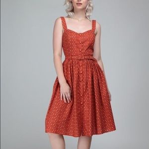Collectif Mainline Jemima Polka Dot Swing Dress Burnt Orange with Polka Dots